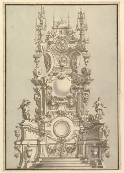 Elevation of a Catafalque, Surmounted by a Royal Crown, with Scull and Cross Bones in Wreath-Encircled Cartouche just below