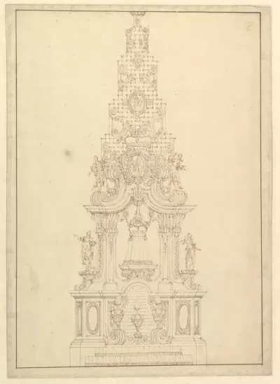 Elevation of a Catafalque: the Central Part Comprised of a Series of Steps to Top; with Statues and Central Cartouche with a Figural Scene: a Figure Kneeling before Virgin and Child (?)