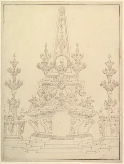 Elevation of a Catafalque: Two Pedestals with Candelabra at Sides; with Central Obelisk Surrounded by Candelabra (recto); Sketch of architecture: archway and corner with pillars (verso)