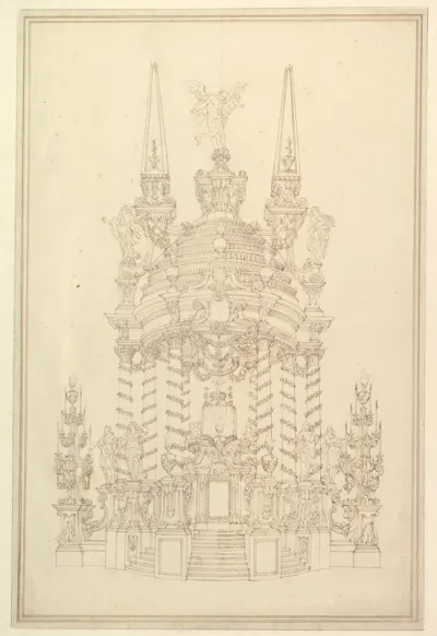 Elevation of a Catafalque: Wreathed Columns Supporting a Stepped Dome Surmounted by two Obelisks with Figure of Saturn between Them