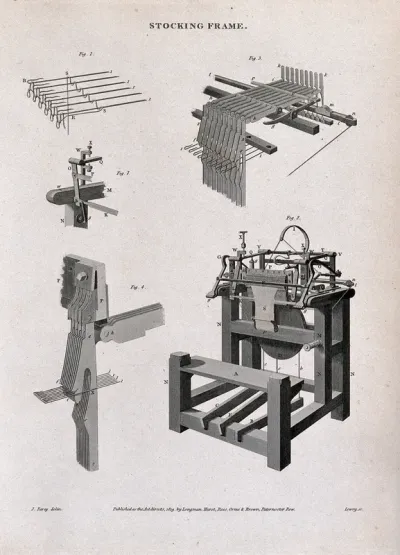 Elevation of a stocking machine and various details of its components