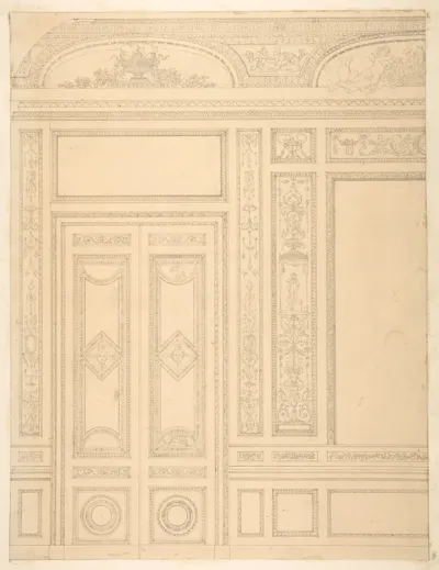 Elevation of an interior showing a paneled wall and double doors decorated in rococco sty.e