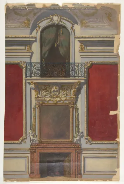 Elevation of an interior with a chimneypiece surmounted by a mirror and a second floor balcony