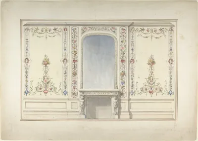 Elevation of Fireplace Wall in an Elizabethan Revival Room
