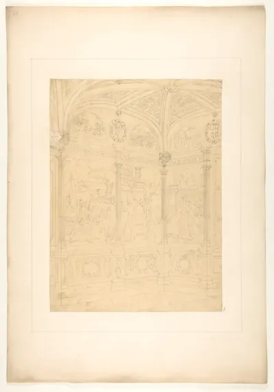 Elevation of the corner of a room decorated with Renaissance-style murals and carved woodwork