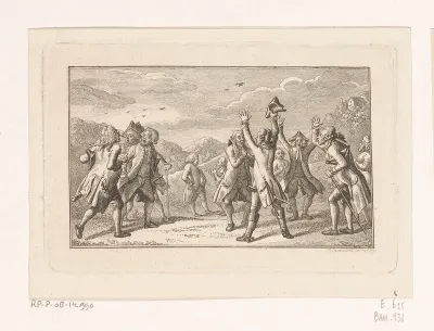 Elf hevig gesticulerende mannen in een landschap