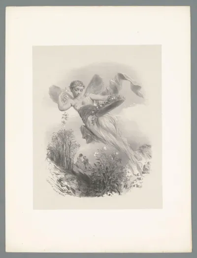Elf of fee strooit bloemen, op de achtergrond een verliefd stel