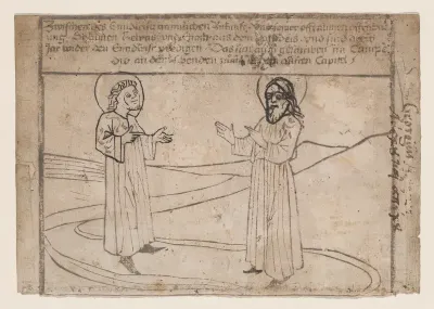 Elias and Enoch Descend from Heaven, from a "Quindecim signa extremi judicii diem praecedentia" (Antichrist and the Fifteen Signs) blockbook, first edition