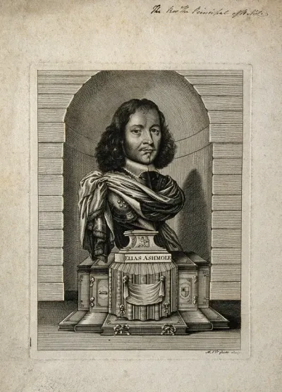 Elias Ashmole. Line engraving by M. van der Gucht, 1723, after W. Faithorne