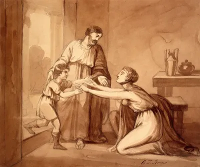 Elijah restores the widow's son to his mother, who greets him with open arms