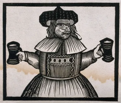 Elinour Rummin, an English ale-wife, with a tankard in each hand