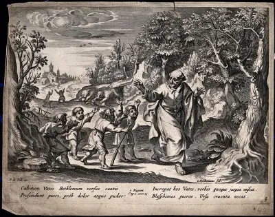 Elisha on his way to Bethel is taunted for his baldness by small boys: he curses them, and two she-bears come out of the woods and kill the boys