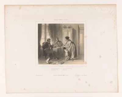 Eliza met kind en mannen in interieur