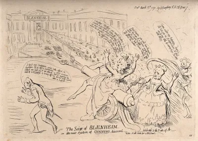 Elizabeth Gunning astride a cannon firing by the pen of her mother a blast of forged letters at the facade of Blenheim - which a figure defends with a blast of excrement - the Duchess of Bedford offers her petticoat as cover while General Gunning ret