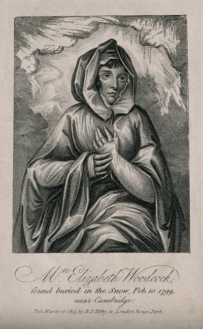 Elizabeth Woodcock, depicted as found after having survived being buried in snow for eight days, aged 42