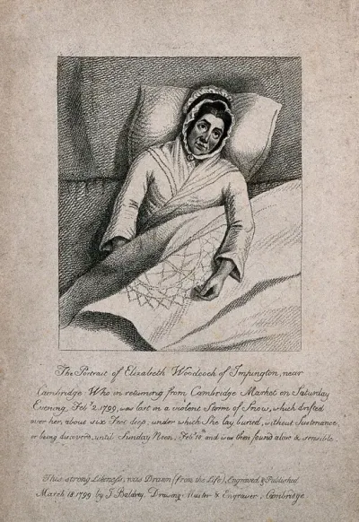 Elizabeth Woodcock, recuperating in bed after being buried in snow for eight days, aged 42