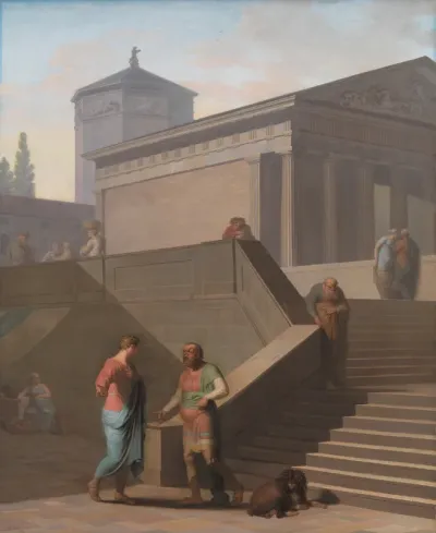 Elskeren Pamfilus i samtale med sin forslagne tjener Davus. Motiv fra Terents: Pigen fra Andros