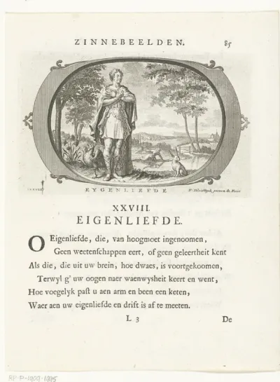 Embleem met allegorie op eigenliefde