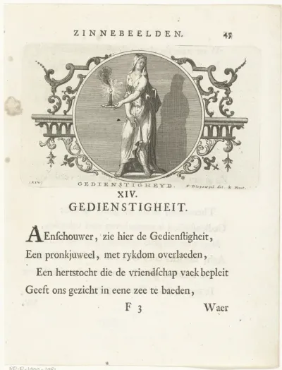 Embleem met allegorie op gedienstigheid