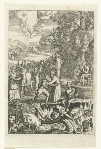 Embleem met bisschop die een man beschermt tegen de verzoekingen van een duivel
