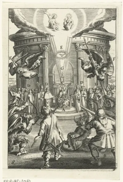Embleem met de christelijke kerk die beschermd wordt tegen aanvallen van haar vijanden
