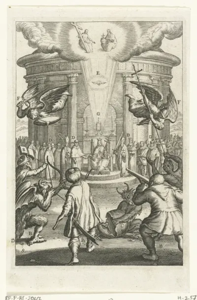 Embleem met de christelijke kerk die beschermd wordt tegen aanvallen van haar vijanden