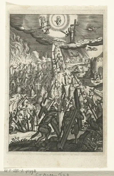 Embleem met de mens die zijn kruis draagt en zich bewust is van tegenslagen op zijn weg