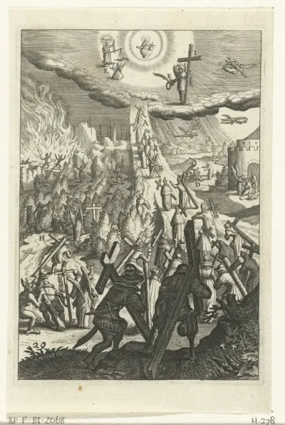 Embleem met de mens die zijn kruis draagt en zich bewust is van tegenslagen op zijn weg