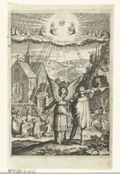 Embleem met engel die aan man toont dat hij moet leven naar het voorbeeld van heiligen