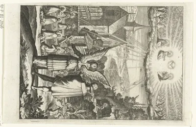 Embleem met engel die aan man toont dat hij moet leven naar het voorbeeld van heiligen