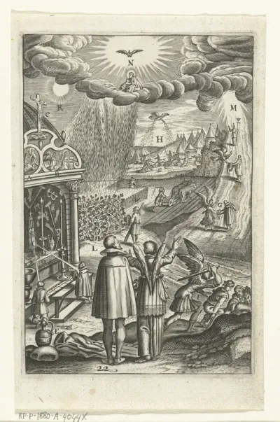 Embleem met engel die een man wijst op alle goede daden en gaven van God