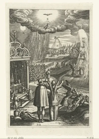 Embleem met engel die een man wijst op alle goede daden en gaven van God