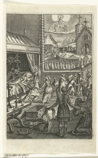 Embleem met engel die geestelijke toont dat de duivel na de dood van een zondaar de ziel komt halen