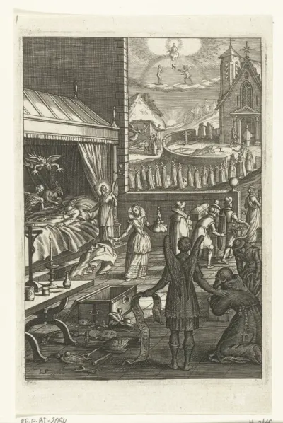 Embleem met engel die geestelijke toont dat de duivel na de dood van een zondaar de ziel komt halen