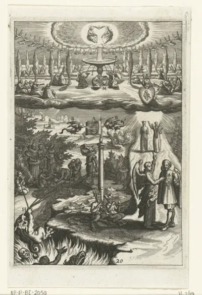 Embleem met engel die man overtuigt van de blijdschap die hij zal voelen als hij de weg van de deugd volgt