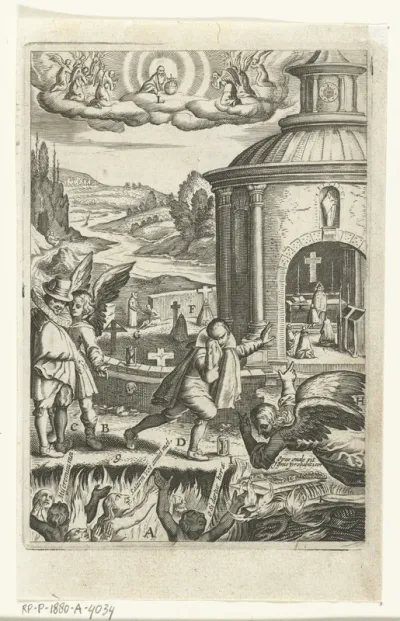 Embleem met engelen die mannen aanmoedigen om mededogen te hebben met de smekende zielen in het vagevuur