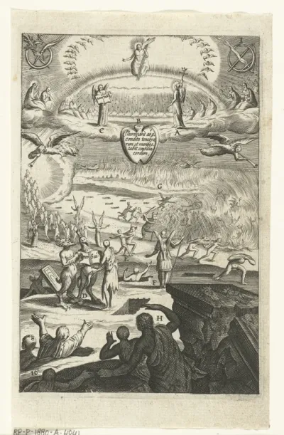 Embleem met het laatste oordeel ter overweging van leven in deugd of zonde