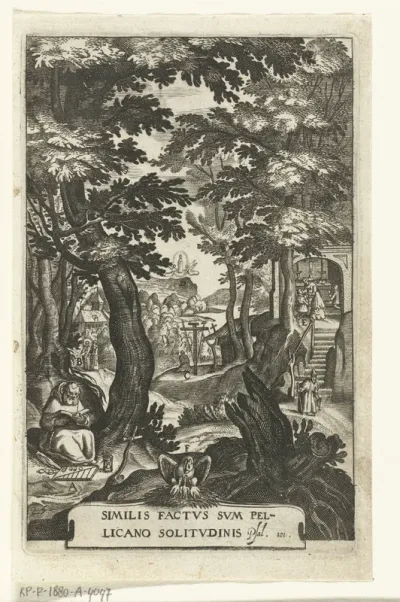 Embleem met kluizenaar en gelovigen die zich wijden aan meditatie