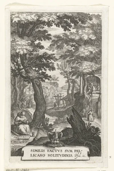 Embleem met kluizenaar en gelovigen die zich wijden aan meditatie