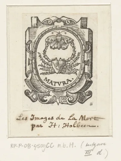 Embleem met krab en vlinder in ovale cartouche met rolwerk