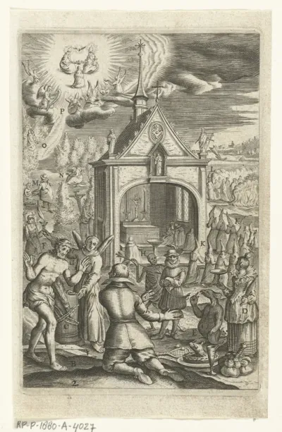 Embleem met man die afstand doet van zijn aardse bezittingen en zich bekeert tot het christelijke geloof