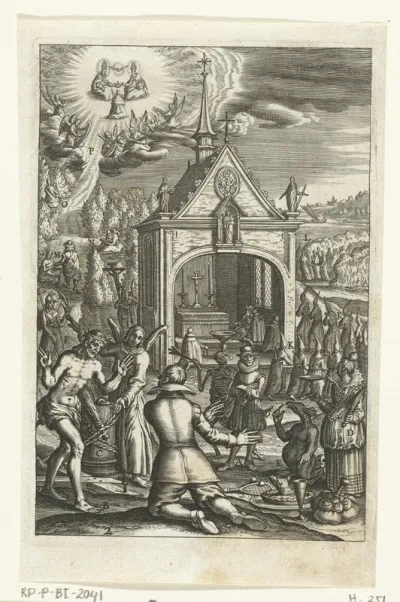 Embleem met man die afstand doet van zijn aardse bezittingen en zich bekeert tot het christelijke geloof