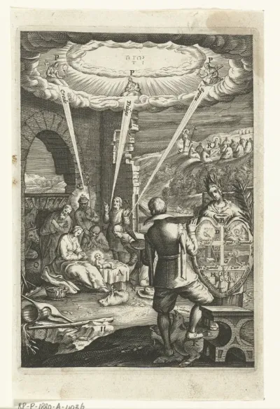 Embleem met man die mediteert over de geboorte van Christus