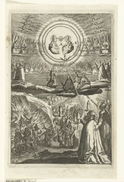 Embleem met man die moet kiezen of hij God of de duivel zal dienen