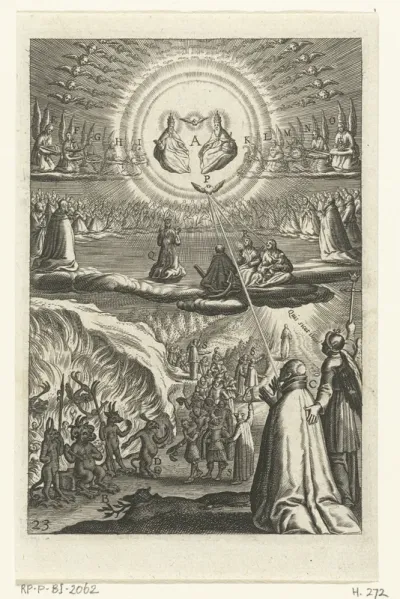 Embleem met man die moet kiezen of hij God of de duivel zal dienen