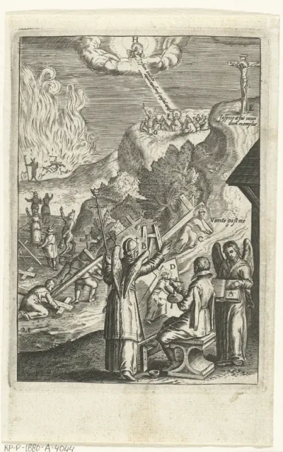 Embleem met man die portret schildert van Christus op de kruisweg