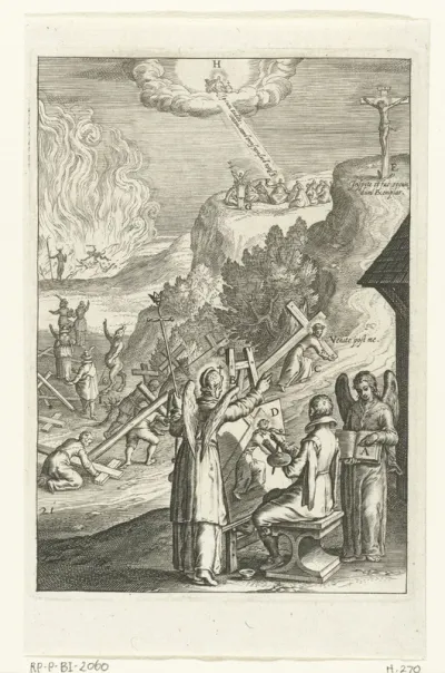Embleem met man die portret schildert van Christus op de kruisweg