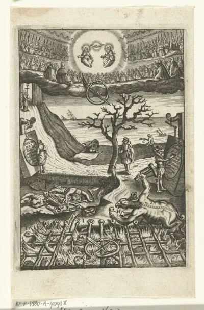Embleem met man die twijfelt over de keuze tussen leven in deugd of leven in zonde
