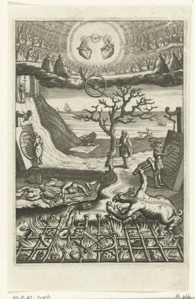 Embleem met man die twijfelt over de keuze tussen leven in deugd of leven in zonde