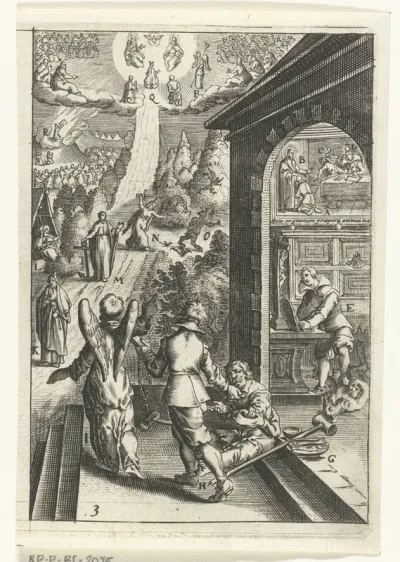Embleem met man die zich met goede daden voorbereid op een gebed tot God